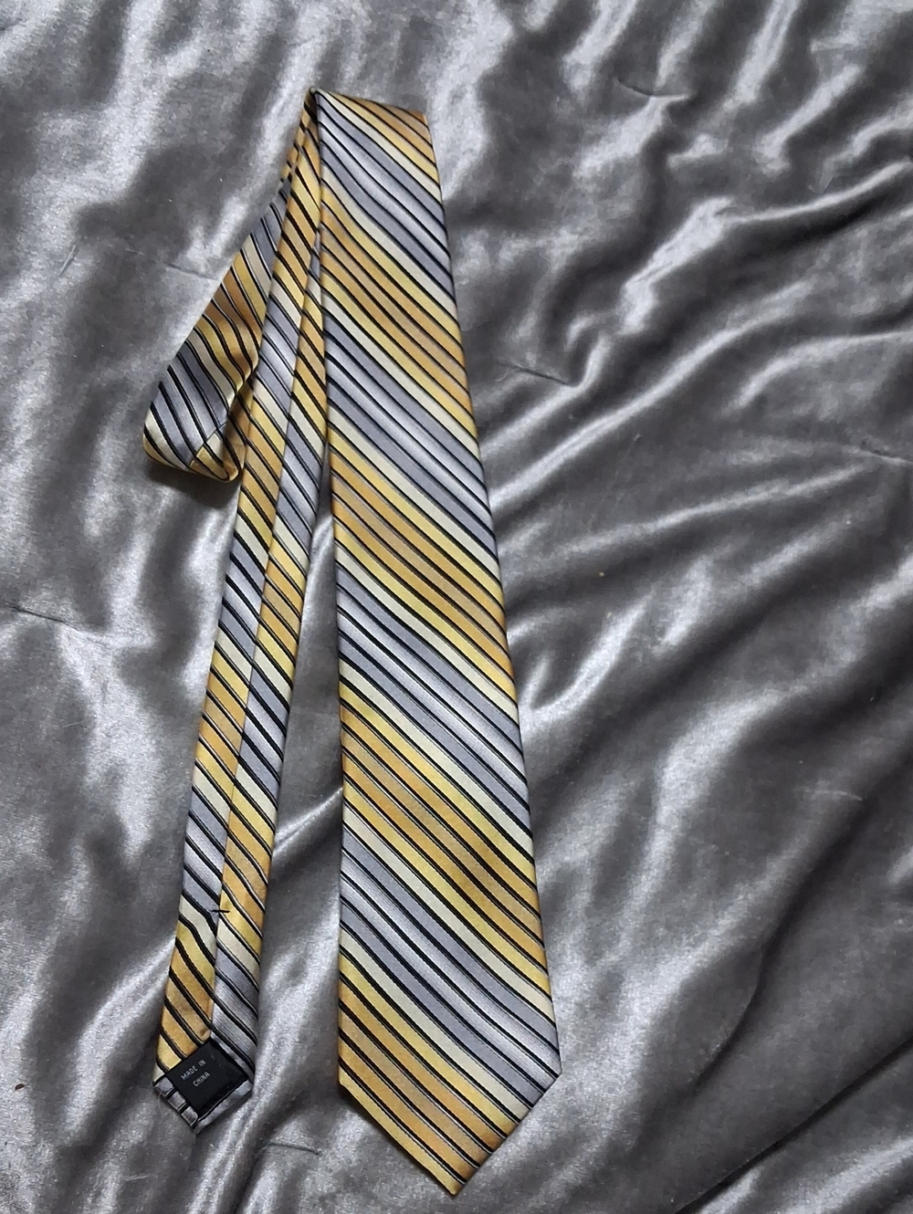 Men's Yellow and Gray Striped Silk Tie